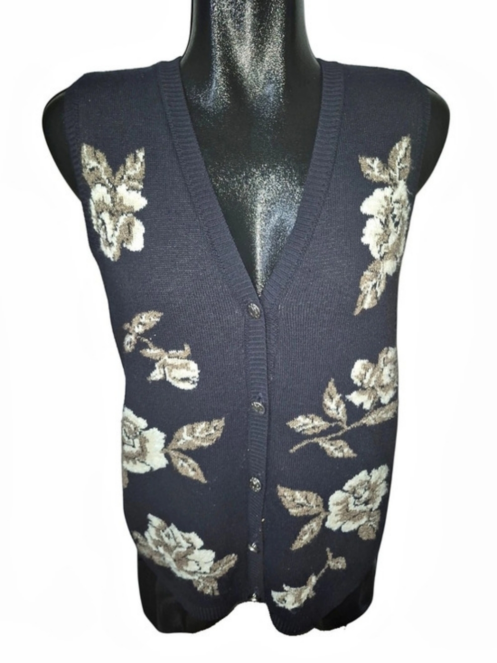 Alfred Dunner Vintage Navy Floral V-Neck Button-up Sweater Vest Size S